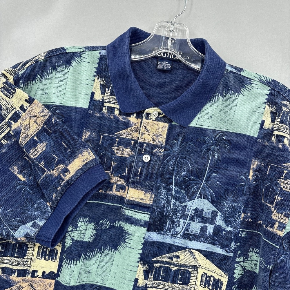 Vintage Nautica Shirt Mens Large Polo Tropical All Over Print Short Sleeve Golf